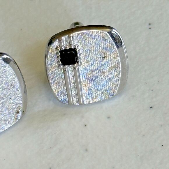 Vintage Silver Swank Cufflinks w/ Black Stone and Brushed Finish - Picture 2 of 5